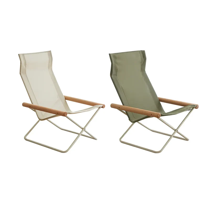 Green Folding Camping Chair with Solid Wood Armrests Carbon Steel Frame