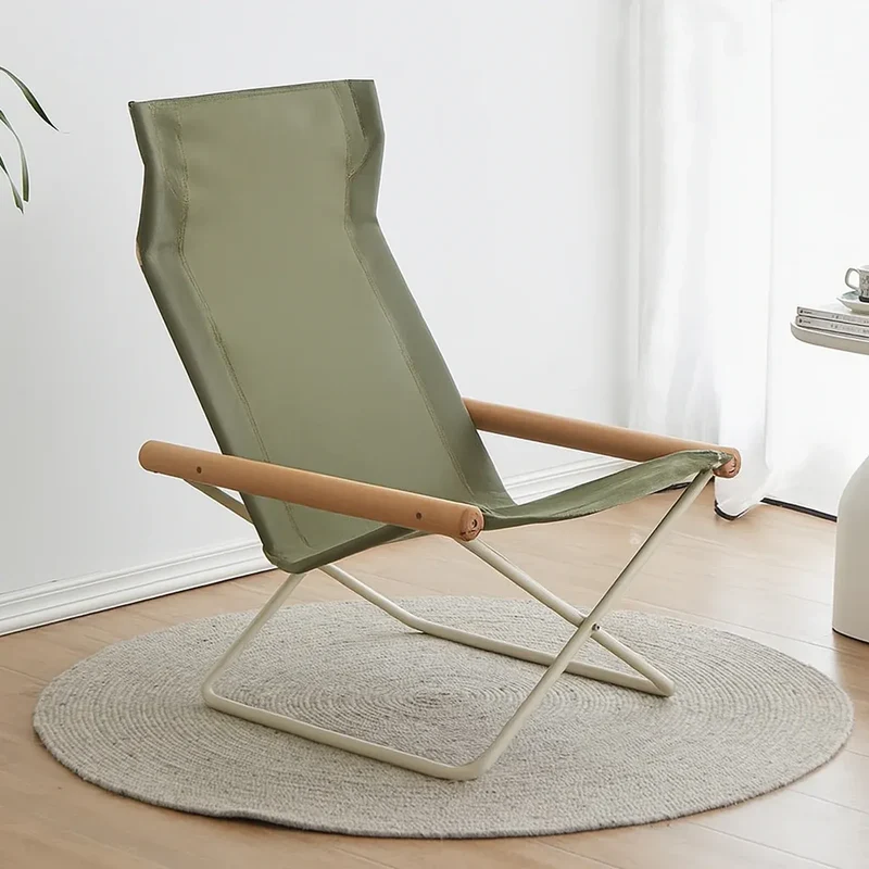 Green Folding Camping Chair with Solid Wood Armrests Carbon Steel Frame