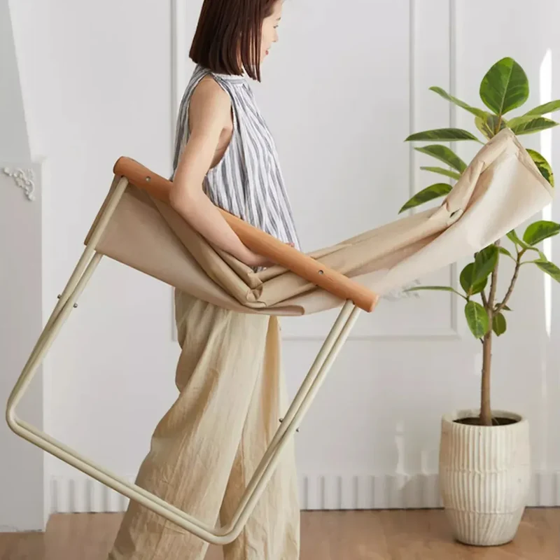 Green Folding Camping Chair with Solid Wood Armrests Carbon Steel Frame