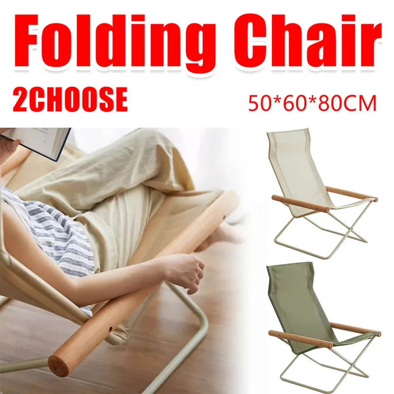 Green Folding Camping Chair with Solid Wood Armrests Carbon Steel Frame