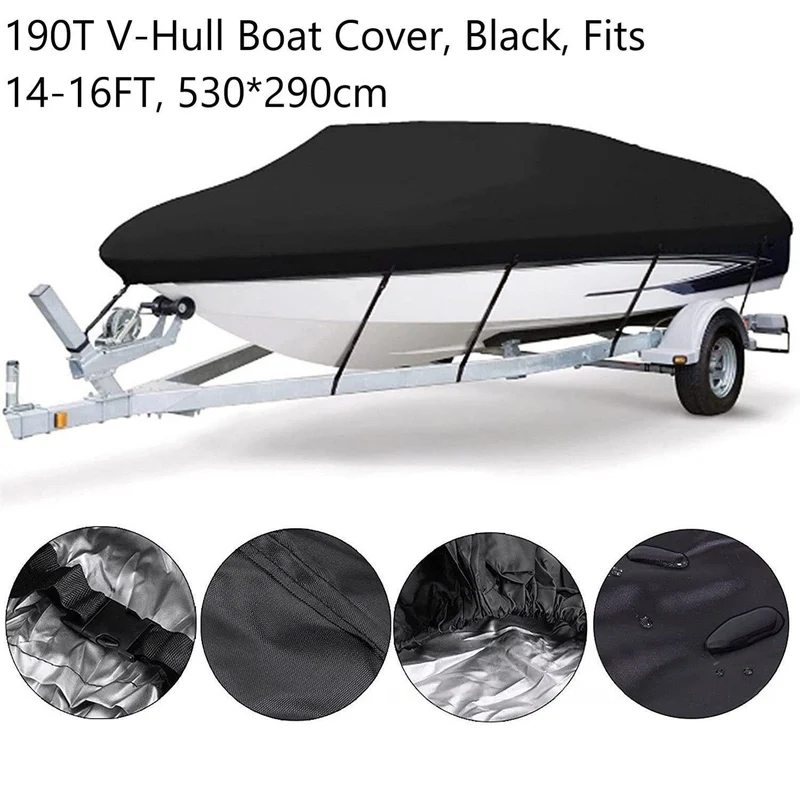 Black 190T Polyester V-Hull Boat Cover 14-16FT