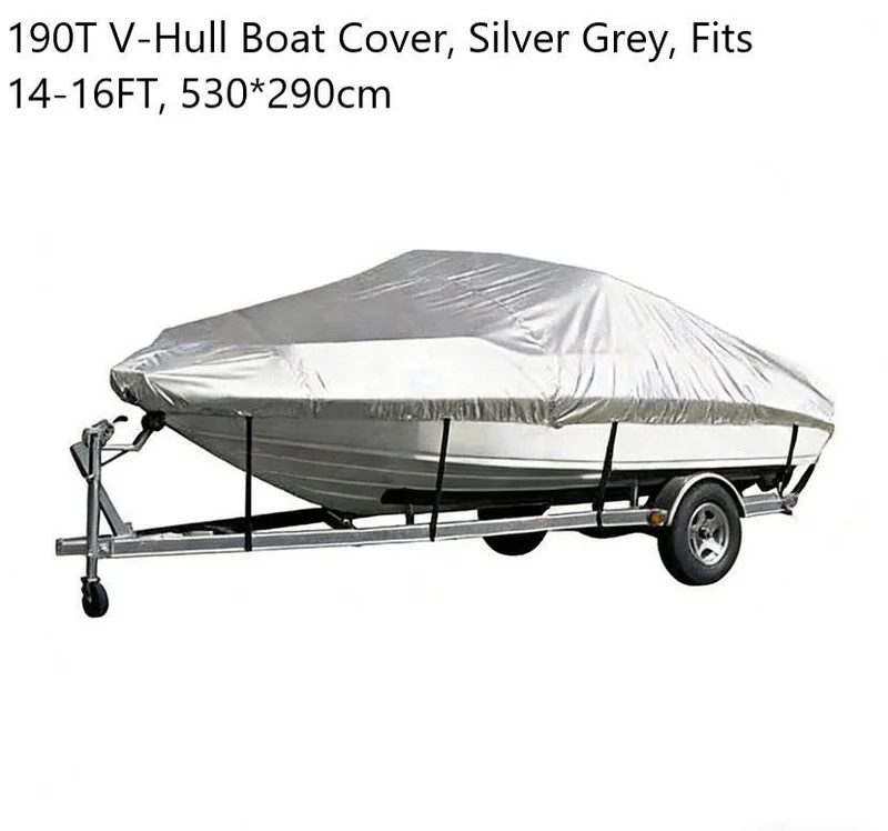 Silver Grey 190T Polyester V-Hull Boat Cover 14-16FT