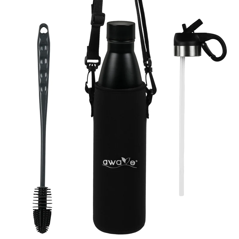 AWAVE® Thermo Trinkflaschen-Set, aus recyceltem Edelstahl, 750 ml, mit Accessoires