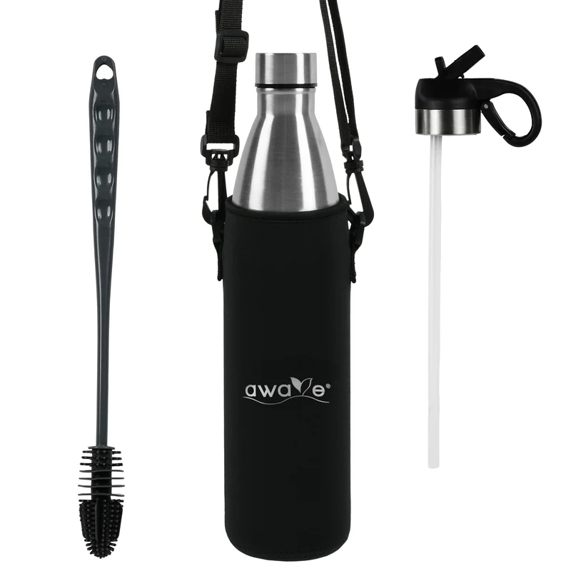 AWAVE® Thermo Trinkflaschen-Set, aus recyceltem Edelstahl, 750 ml, mit Accessoires