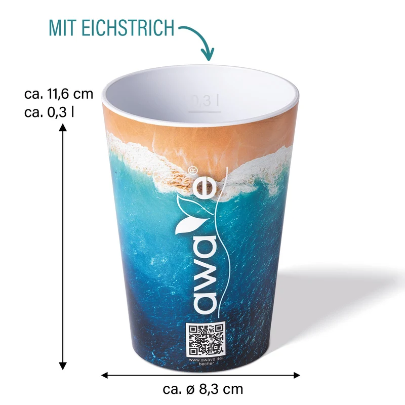 AWAVE® Festivalbecher, 300 ml, aus rPET, mit Eichstrich, stapelbar